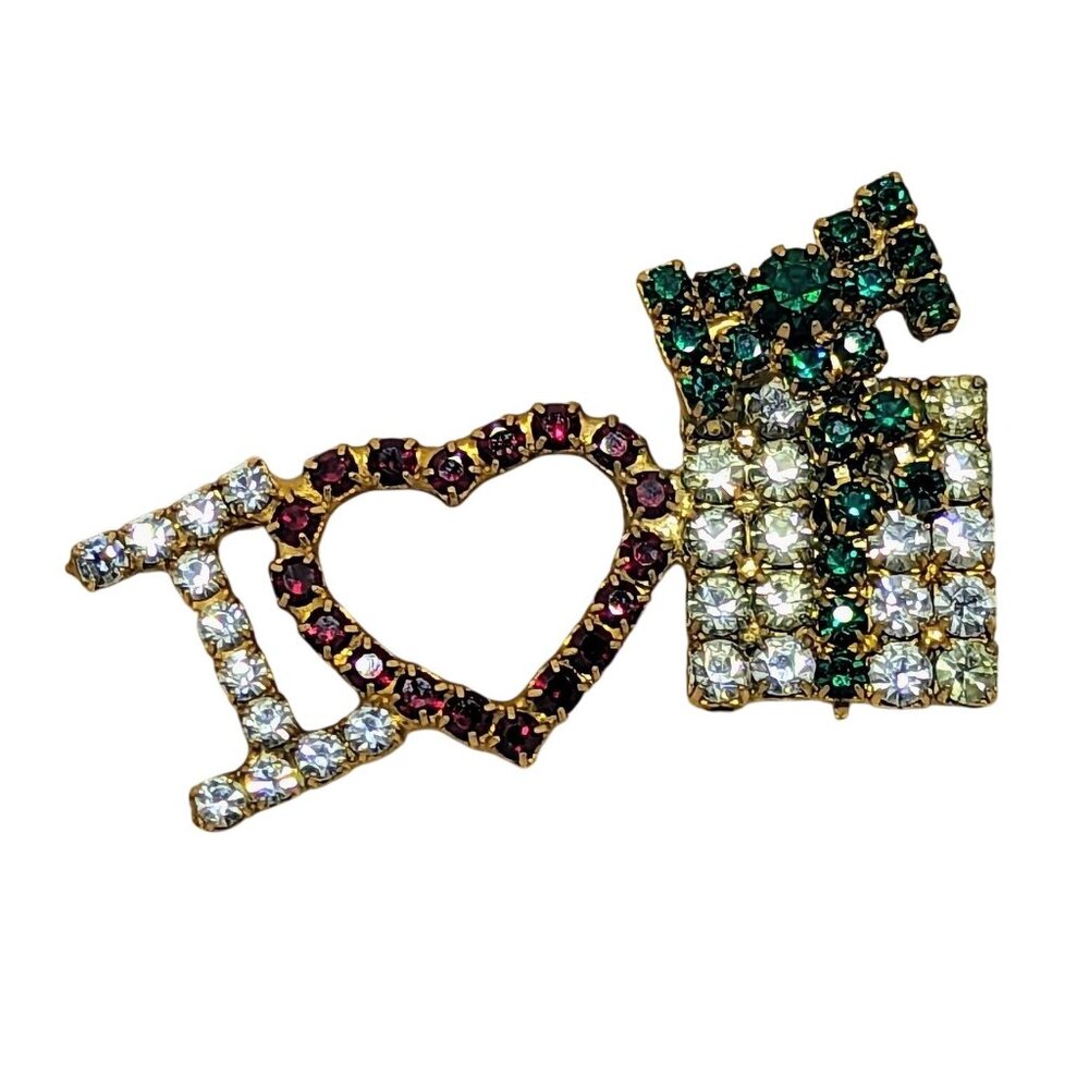 Vintage "I Love Gifts " Rhinestone Brooch Pin In Gold-Tone Metal